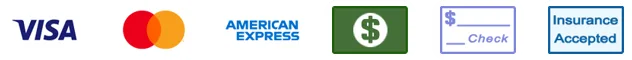 We accept Visa, Mastercard, American Express, cash, check and insurance